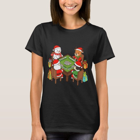 T-shirt Funny Christmas Mahjong Santa Snowman Elf Reindeer (Devant)