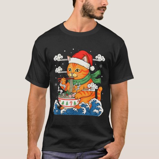 T-shirt Funny Christmas Ramen Cat Eating Noodles Japanese (Devant)
