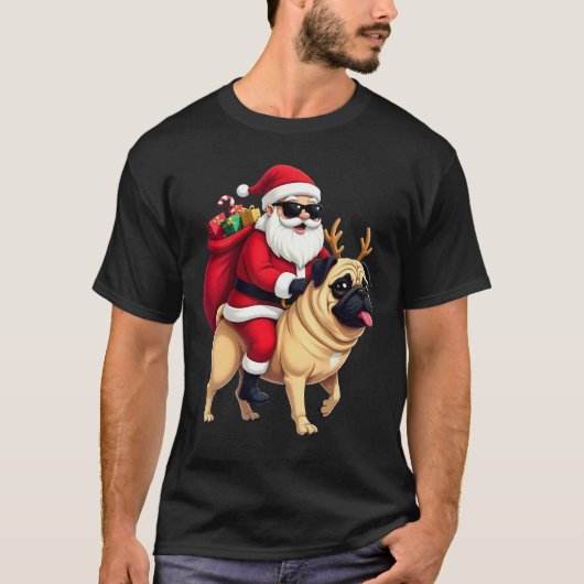T-shirt Funny Christmas Santa Riding Pug (Devant)