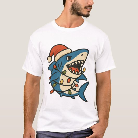 T-shirt Funny Christmas Shark Santa Hat (Devant)