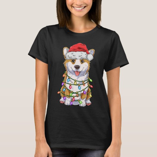 T-shirt Funny Corgi Noël Lumières Cadeau Santa Hat D (Devant)