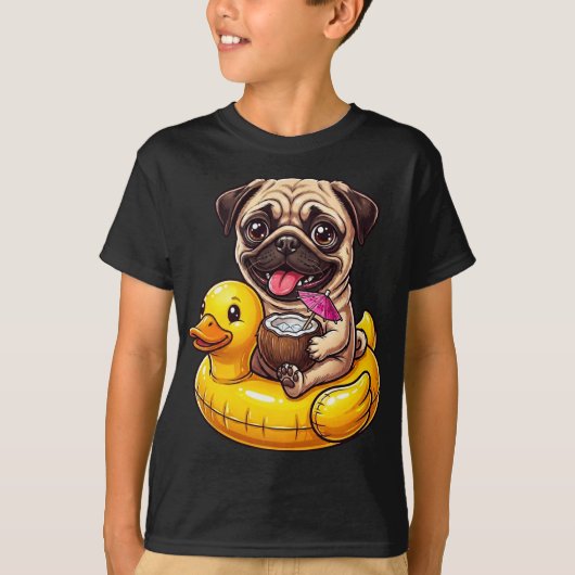 T-shirt Funny Cute Pug in Rubber Duck Floatie Coconut  (Devant)