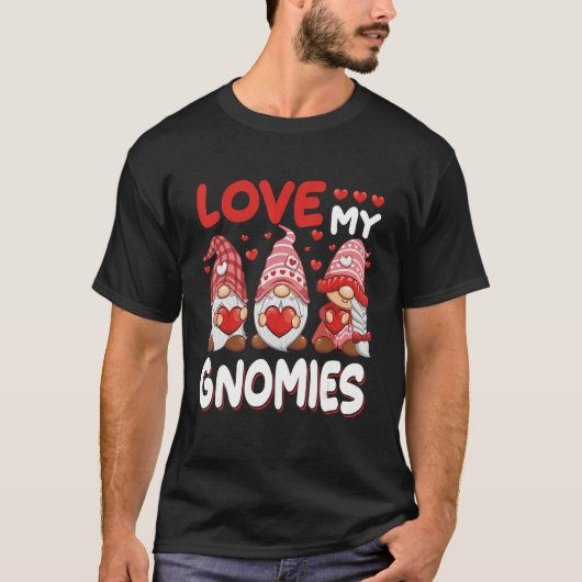 T-shirt Funny Cute Three Gnomies Pink Hearts Matching Vale (Devant)