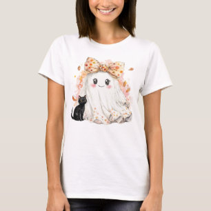 T-shirt Funny Fall Ghost Holding Black cat Halloween