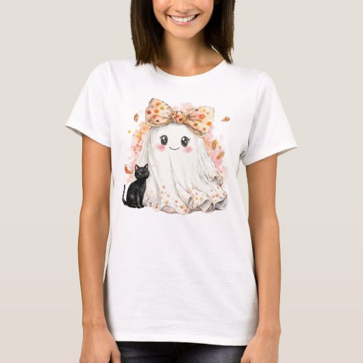 T-shirt Funny Fall Ghost Holding Black cat Halloween (Devant)