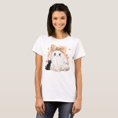 T-shirt Funny Fall Ghost Holding Black cat Halloween (Devant entier)