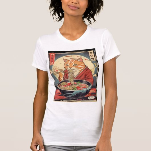 T-shirt  Funny Feline Eating  Ramen Japanese Ukiyo-e Style (Devant)