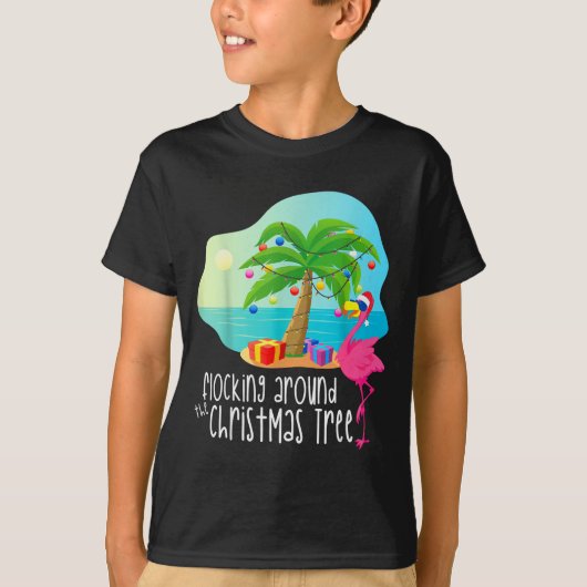T-shirt Funny Flamingo Flocking Around The Christmas Tree  (Devant)