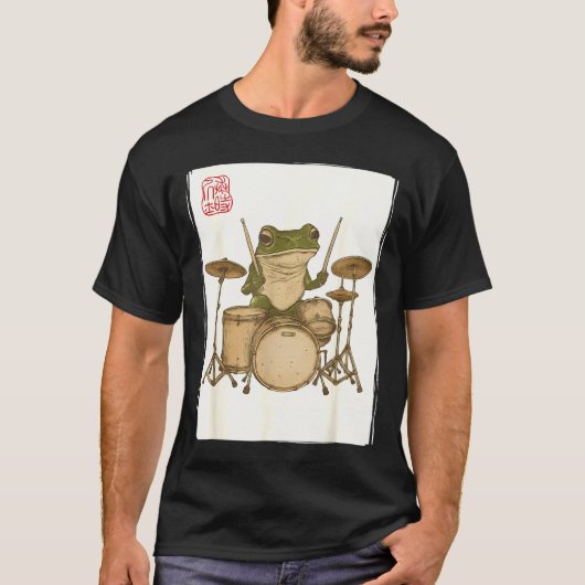 T-shirt Funny Frog Drum Rock Music Kawaii Japanese  (Devant)