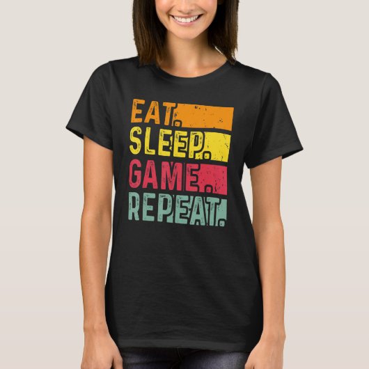 T-shirt Funny Gamer Quote Eat Sleep Game Repeat, Cool Vint (Devant)