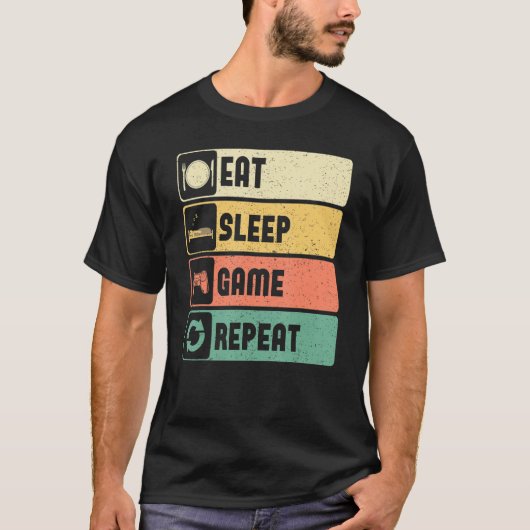 T-shirt Funny Gamer Quote Eat Sleep Game Repeat, Cool Vint (Devant)