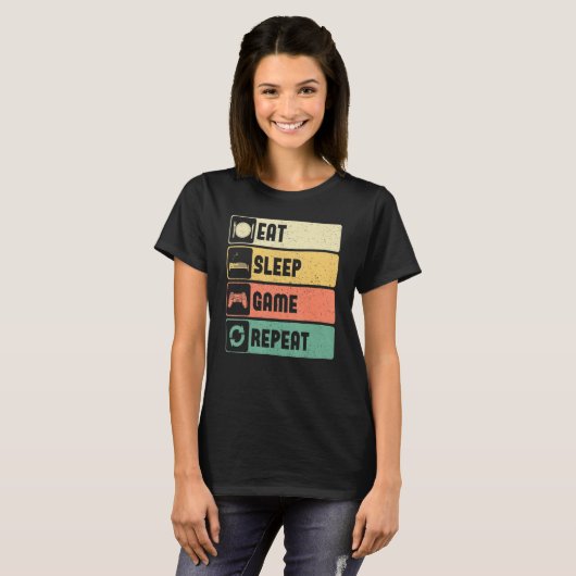 T-shirt Funny Gamer Quote Eat Sleep Game Repeat, Cool Vint (Devant entier)
