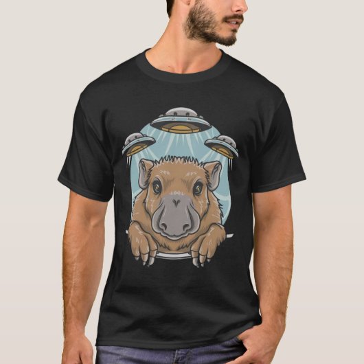 T-shirt Funny Graphic Tee Capybara Selfie avec OVNI bizarr (Devant)