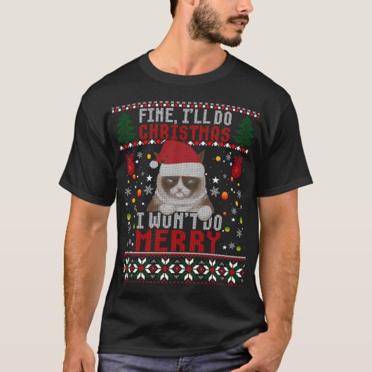T-shirt Funny Grumpy Christmas Chat Pun Joke Ugly Xmas Swe (Devant)