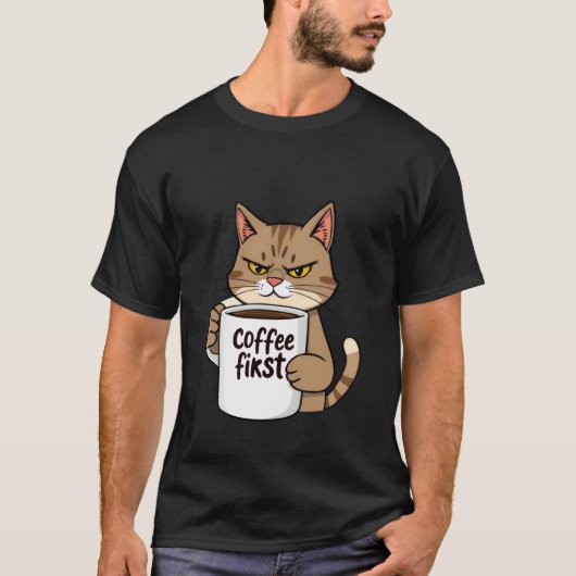 T-shirt Funny Grumpy Tabby Cat Coffee First Morning ✨🐾☕ (Devant)