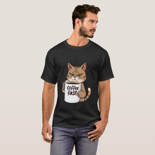 T-shirt Funny Grumpy Tabby Cat Coffee First Morning ✨🐾☕ (Devant entier)