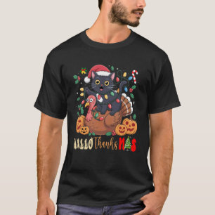 T-shirt Funny HalloThanksMas Chapeau de Père Noël Chat Noi