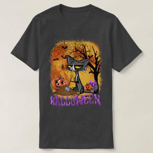 T-shirt Funny Halloween Cat Bats Pumpkin Digging  (Design devant)