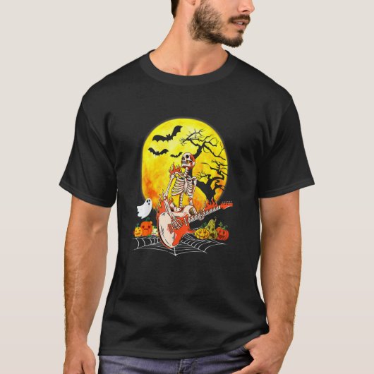 T-shirt Funny Halloween Funny Skeleton Playing Guitar Pump (Devant)