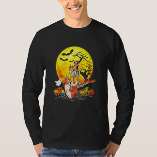 T-shirt Funny Halloween Funny Skeleton Playing Guitar Pump