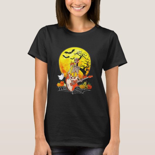 T-shirt Funny Halloween Funny Skeleton Playing Guitar Pump (Devant)