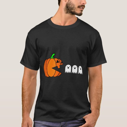 T-shirt Funny Halloween Pumpkin Eating Ghost, Gamer Men Wo (Devant)