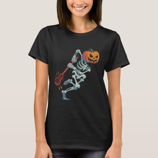 T-shirt Funny Halloween Skeleton Pumpkin Lacrosse Spooky H (Devant)
