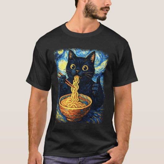 T-shirt Funny Japanese Black Kawaii Cat Kitten Eating Rame (Devant)