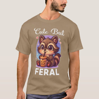 T-shirt Funny Kawaii Raccoon Drinking Boba Cute But Feral