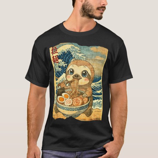 T-shirt Funny Kawaii Sloth Ramen Noodle Bowl Japanese Wave (Devant)