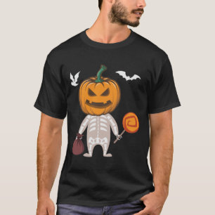 T-shirt Funny Kid Skeleton Citrouille Head Candy