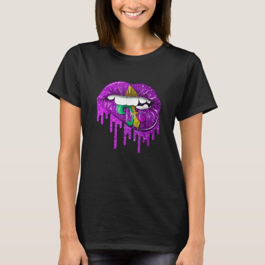 T-shirt Funny Mardi Gras Carnival Purple Gold Lips Dripped (Devant)