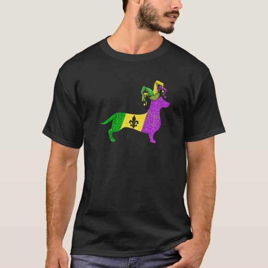 T-shirt Funny Mardi Gras Dachshund Dog Mardi Gras Hat Bead (Devant)