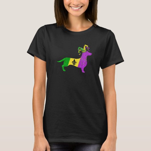 T-shirt Funny Mardi Gras Dachshund Dog Mardi Gras Hat Bead (Devant)