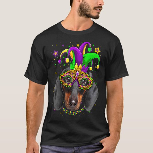 T-shirt Funny Mardi Gras Dachshund Perles de chien Masque  (Devant)