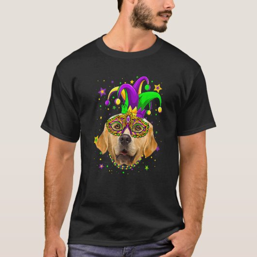 T-shirt Funny Mardi Gras Golden Retriever Dog Beads Mask M (Devant)