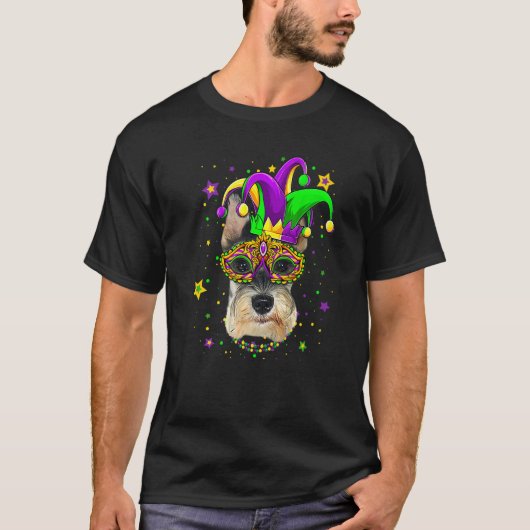 T-shirt Funny Mardi Gras Schnauzer Dog Beads Mask Mardi Gr (Devant)