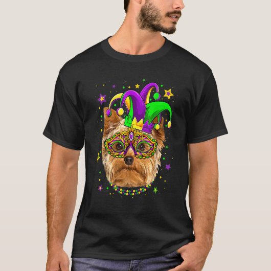 T-shirt Funny Mardi Gras Yorkshire Terrier Dog Beads Mask  (Devant)