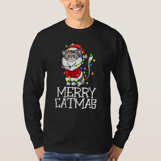T-shirt Funny Meowy Catmas Tee - shirt Joyeux chat de Noël (Devant)
