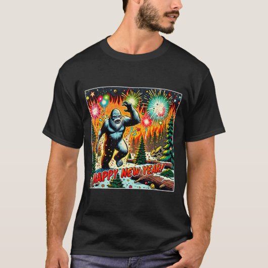 T-shirt Funny New Years Eve 2024 Bigfoot And Fireworks Hum (Devant)