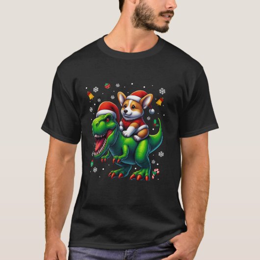 T-shirt Funny Noël Corgi équitation Dinosaur Santa Hat Sn (Devant)