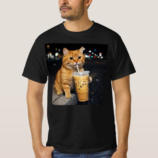 T-shirt Funny Orange Cat Drinking Iced Coffee , cat Meme (Devant)