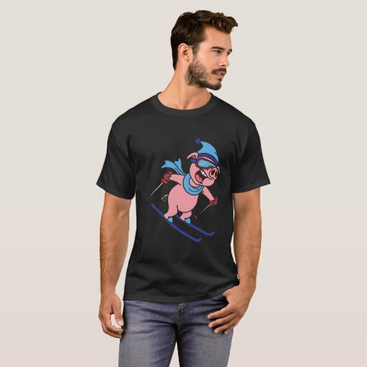 T-shirt Funny Pig Go Skiing Design Gift Winter Holidays (Devant entier)