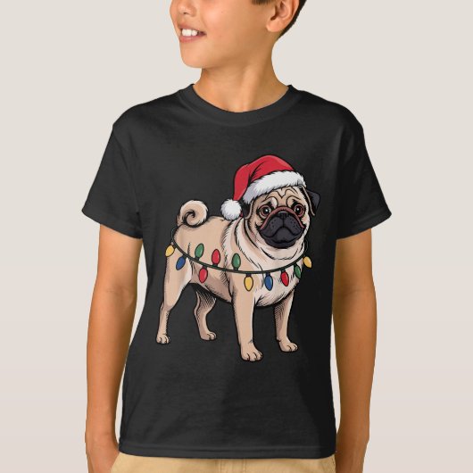 T-shirt Funny Pug Christmas Santa Hat Xmas Lights (Devant)