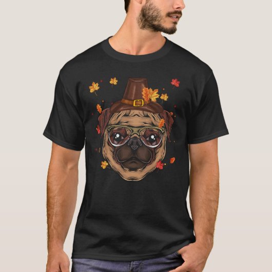 T-shirt Funny Pug Dog Lovers Pilgrim Hat Fall Happy Thanks (Devant)