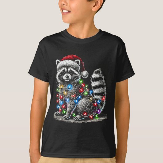 T-shirt Funny Raccoon Santa Hat Christmas Tree Lights Paja (Devant)