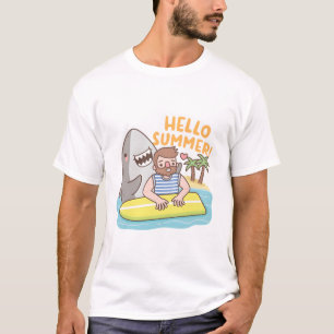 T-shirt Funny Requin Et Surfer, Bonjour Été