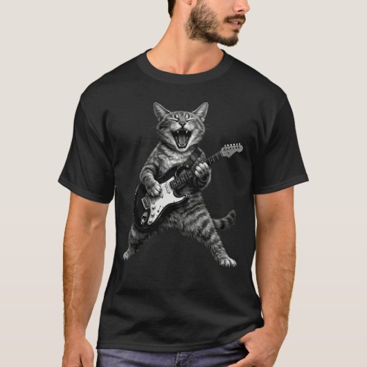 T-shirt Funny Rock and Roll Cat Playing Electric Guitar (Devant)