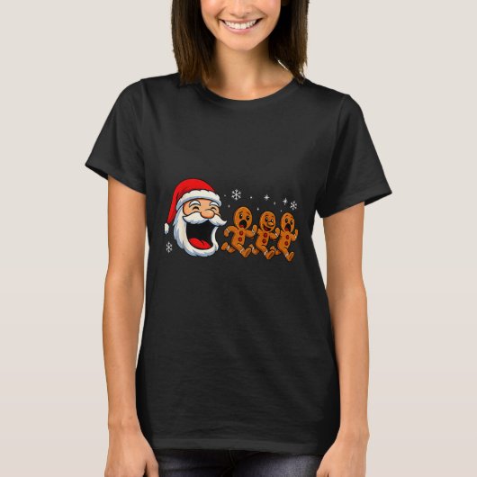 T-shirt Funny Santa Chasing Gingerbread Christmas Cookie  (Devant)