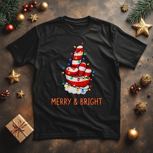 T-shirt Funny Santa Finger in Christmas Lights
